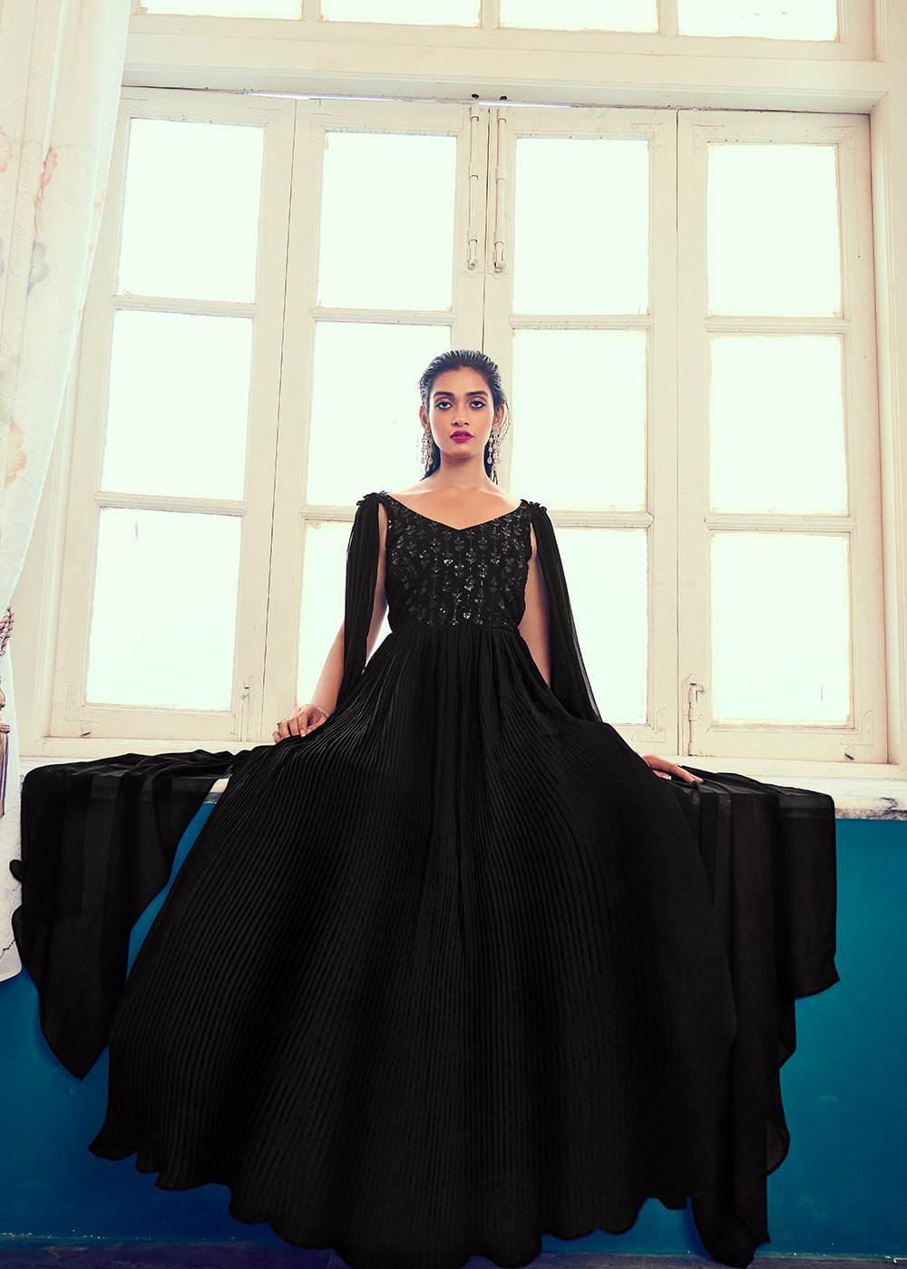 Mesmeric Black Colored Designer Partywear Silk Jacquard Gown